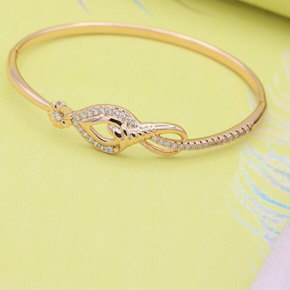 Elegant Teardrop Rose Gold Bangle with Floral Accent and Stones, XPBL0467 - Picture 2 of 12